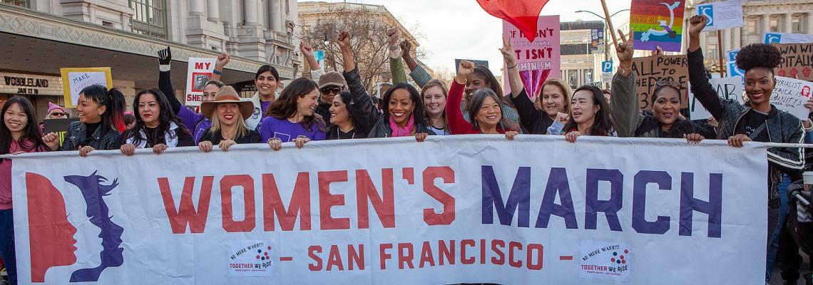 Marchers in the Community Contingent hold an official Women's March San Francisco banner, 18 January 2020, Pax Ahimsa Gethen